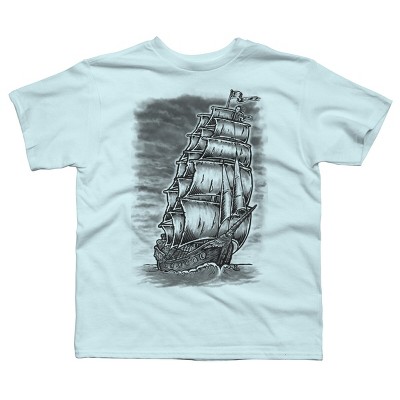 Boy's Design By Humans Caleuche Ghost Pirate Ship - Blackline By RobertoJL T-Shirt