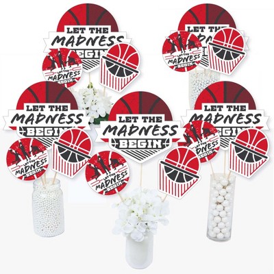 Big Dot of Happiness Red Basketball - Let The Madness Begin - College Basketball Party Centerpiece Sticks - Table Toppers - Set of 15