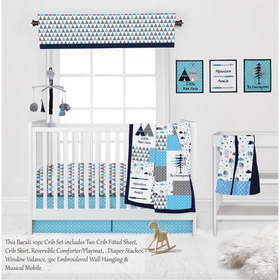 Bacati - Woodlands Aqua/Navy/Grey 10 pc Crib Bedding Set with 2 Crib Fitted Sheets