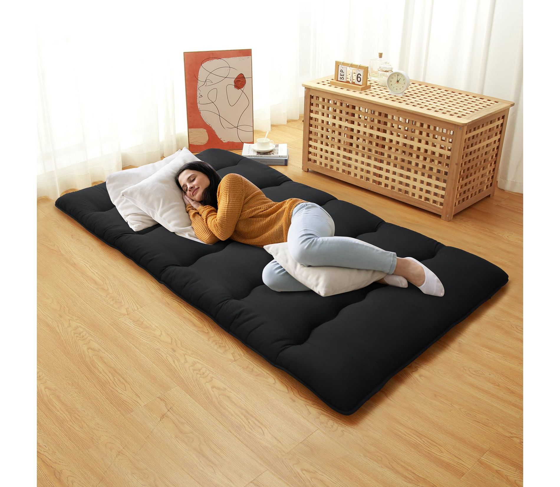 3'' Thick Japanese Floor Futon Mattress, Collapsible Tatami Mat, Portable Roll-Up Sleeping Pad, for Camping, Dorm, Sofa, Yoga, Twin/Full/Queen