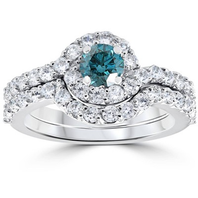 Pompeii3 1 1/2ct Blue Diamond Engagement Halo Curve Ring Set 10K White Gold
