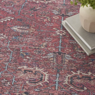 Brick Red Floral Flat Woven Cotton Chenille Rug 6' x 9'