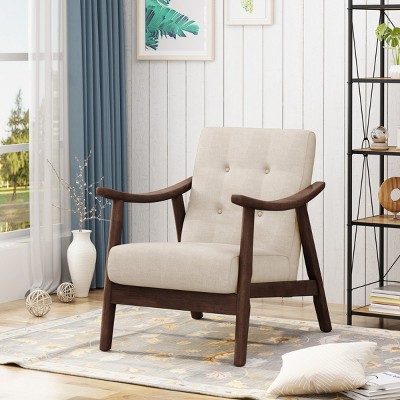 Mid Century Modern 1 Piece Wooden Fabric Upholstered Armchair,Tufted Comfy Reading Chair with Armrest,Living Room Bedroom Armchair-Coolbibila