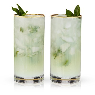 Gold Rimmed Clear Rippled Highball Glasses Set of 2, 15oz
