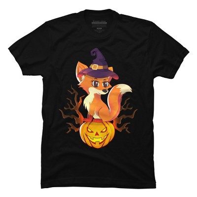 Men's Design By Humans Cute Witch Fox With Jack O Lantern Halloween Shirt By thebeardstudio T-Shirt