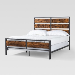 Queen Urban Chic Metal and Wood Plank Bed Brown - Saracina Home: Industrial Style, Powder-Coated Frame, MDF Headboard - 1 of 4