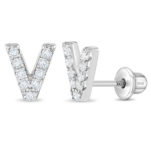 Girl's Cubic Zirconia Letter Initial Screw Back Sterling Silver Earrings - In Season Jewelry - 1 of 4