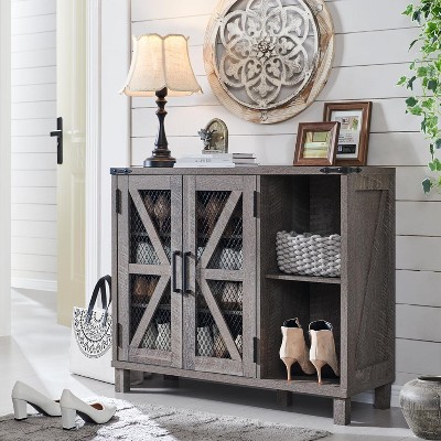 Farmhouse Shoe Cabinet with 2 Mesh Door & Adjustable Shelves, Freestanding Shoe Racks for 14 Shoes,  Rustic Shoe Organizers for Entryway, Gray