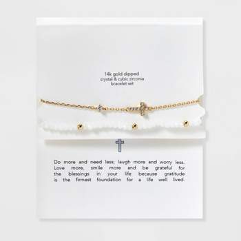 14k Gold Dipped Cubic Zirconia Cross on Chain and Crystal Stretch Bracelet Set 2pc - Gold/White