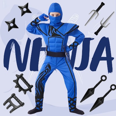 Joyfy Halloween Blue Ninja Costume for Kids, Ninja Stealth Flame Costume for Boys Girls, Halloween Kung Fu Outfit for DressUp Themed Party