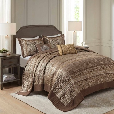 Brown Queen Reversible Jacquard Bedspread Set