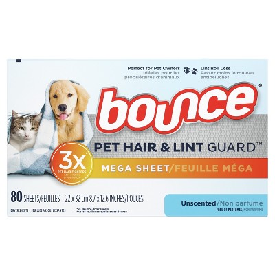Bounce Pet Hair and Lint Guard Mega Dryer Sheets with 3X Pet Hair Fighters, Unscented, 80 Count