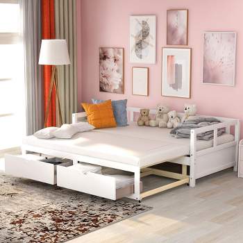 Wooden Extendable Daybed with Trundle Bed and Two Storage Drawers-ModernLuxe