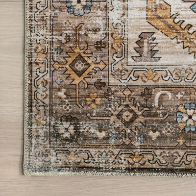 Gracie Brown and Ivory Medallion Washable Synthetic Rug