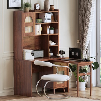 L Shaped Computer Desk With Hutch, Office Desk with 90 Degree Rotating Desktop, Corner Gaming Desk with Storage, Writing Table for Home Office