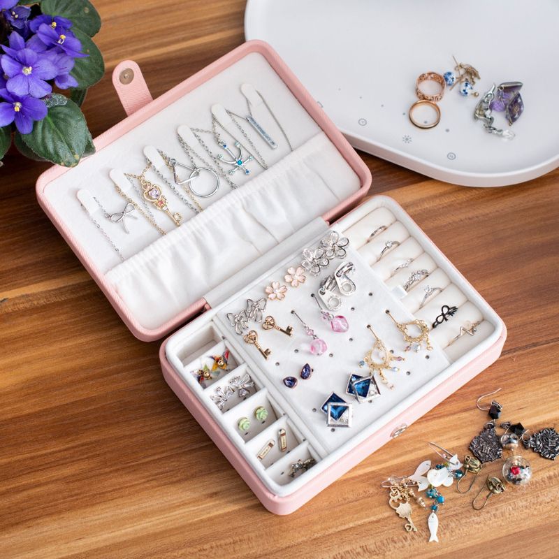 Pink Jewelry Travel Organizer Case, Portable Storage Box Holder for Rings Earrings Necklaces, Gifts for Women, Pink, 3 of 9