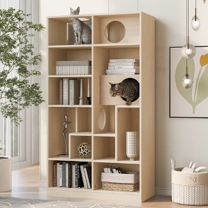 QingMoon Cat Tower Bookshelf, Wooden Cat Tree Display Case, Storage Rack with Multiple Climbing Levels and Hideaway Holes for Living Room or Office - 1 of 4