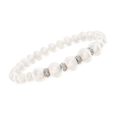 Ross-Simons 6-8.5mm Cultured Pearl and .25 ct. t.w. Diamond Stretch Bracelet in Sterling Silver