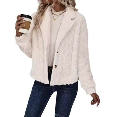 Women's Coat Fuzzy Textured Button Down Lapel Coat Cozy Short Jacket