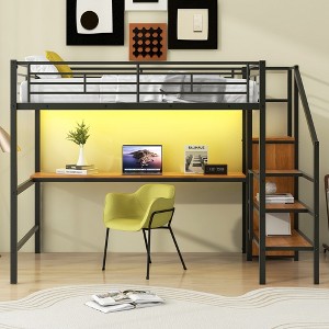 Whisen 94.1''L*56''W Full Size Metal Loft Bed with Desk, Storage Staircase, Small Wardrobe and LED Light - 1 of 4