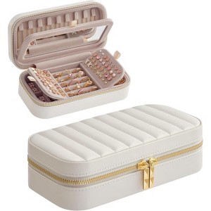 HTUTWOO Travel Jewelry Case, Jewelry Organizer Box with Mirror, Woven Embossed PU Leather, Portable Jewelry Storage, Gift Idea, Cloud White - 1 of 4