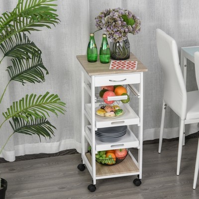 HOMCOM 32.25" Wooden Rolling Kitchen Storage Cart on 360° Swivel Wheels with Ample Storage Space & Solid Structure