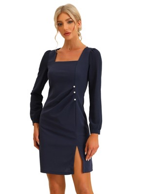 Allegra K Women's Square Neck Ruched Front Contrast Panel Chiffon Long Sleeve Dress