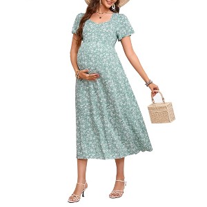 Women's Maternity Floral Midi Dress Summer Short Sleeve Sweetheart Boho Tie Back Casual Dress Photoshoot Baby Shower - 1 of 4