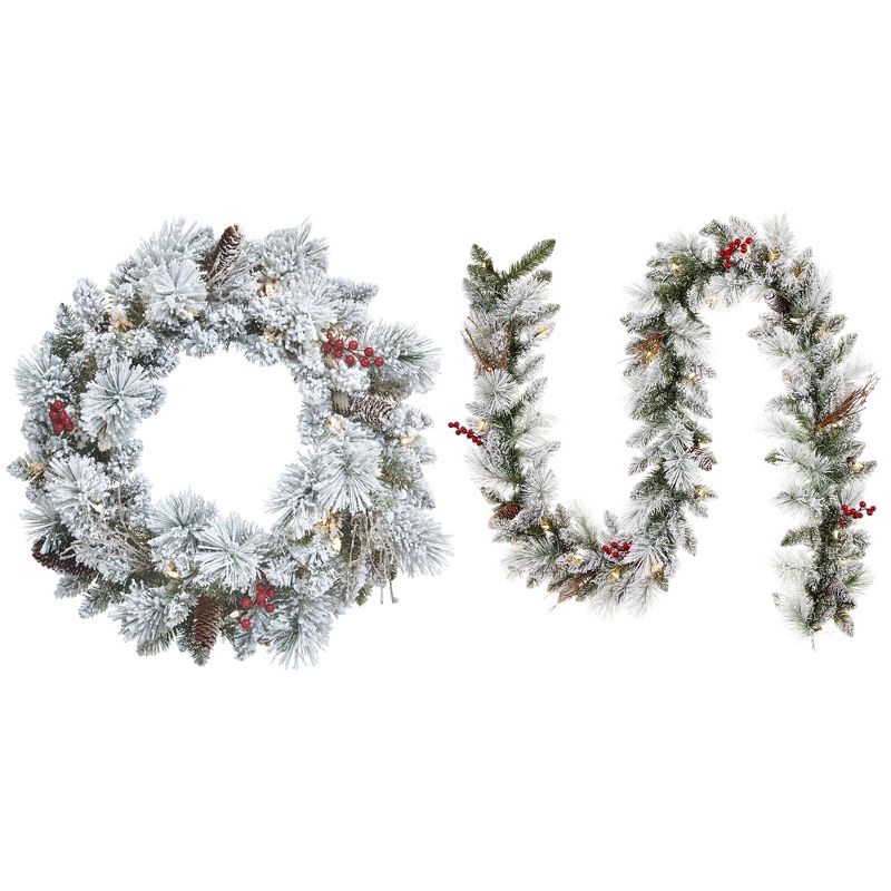 NOMA Snow Dusted 24 Inch Pre Lit Battery Operated Artificial Christmas Wreath with Berry 9 Foot Pre Lit Christmas Garland Home Holiday Mantle Decor, 1 of 7