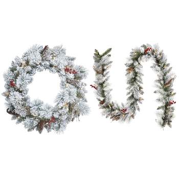NOMA Snow Dusted 24 Inch Pre Lit Battery Operated Artificial Christmas Wreath with Berry 9 Foot Pre Lit Christmas Garland Home Holiday Mantle Decor