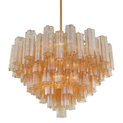 Aged Brass and Amber Glass 16-Light Chandelier