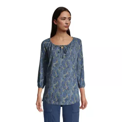 Lands' End Women's Petite 3/4 Sleeve Peasant Tunic - X Small Petite - Simply Olive Motif Paisley