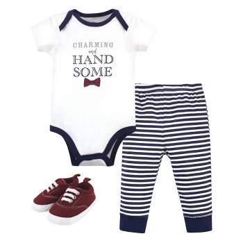 Little Treasure Baby Boy Cotton Bodysuit, Pant and Shoe 3pc Set, Charming Handsome