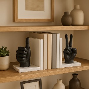 Decorative Thumbs Up and Peace Sign Bookends - Artistic Book Ends for Bookshelf, Office Desk Decor, or Home Library - Set of 2, 8", Black & White - 1 of 4