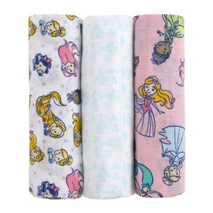 NoJo Disney Princesses Pink, Aqua, Lavender, Green, and White 3 Piece Muslin Swaddle Baby Blanket Set - 1 of 4