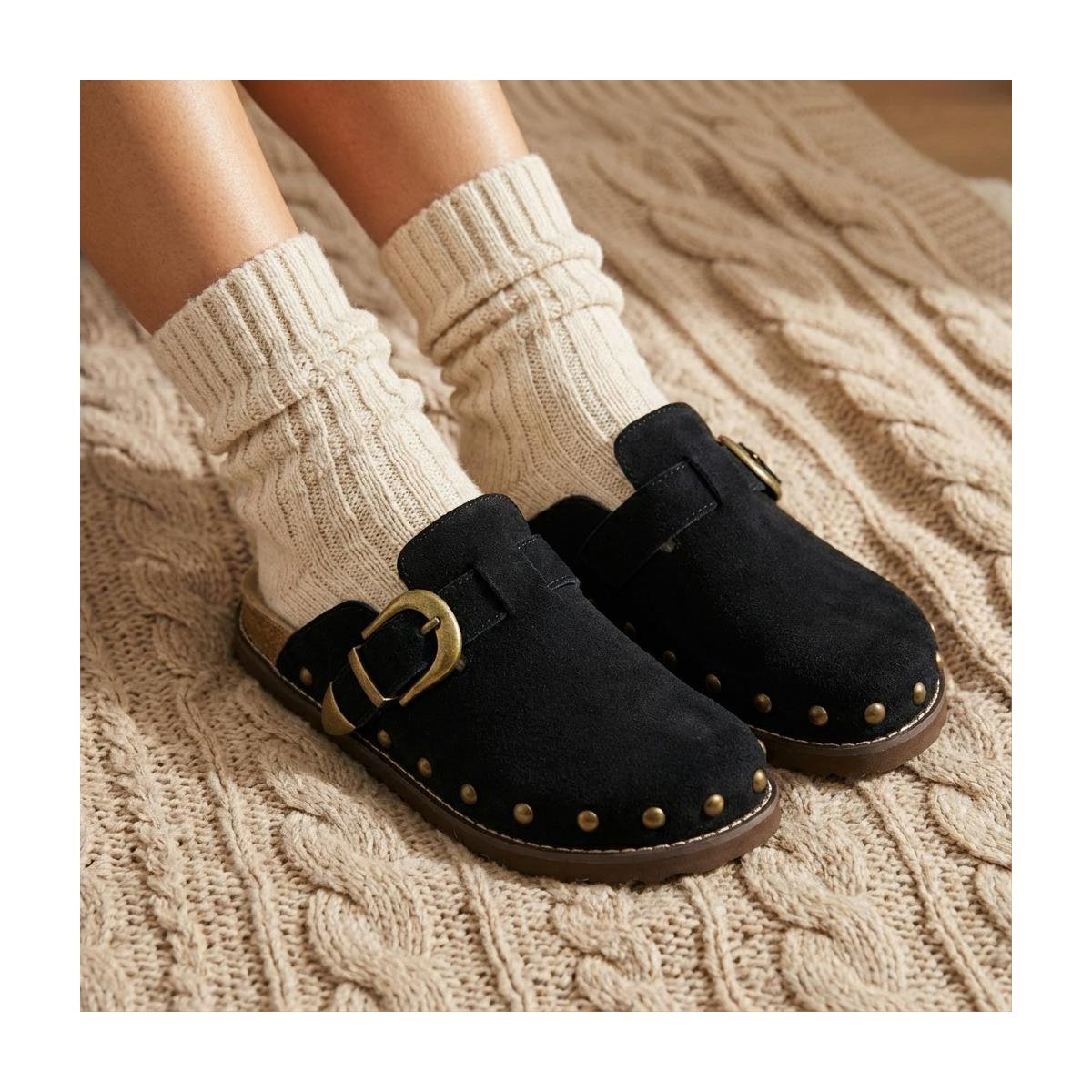 Женские сабо CUSHIONAIRE Bronco Slip On Mule Womens Shoes – Genuine Suede Leather Clogs with Adjustable Buckle and Studded Detailing Biscuit 8 — фото 3