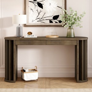 59" MDF Oak Veneer Console Table,Side Table with Curved Fan-Shaped Legs and 2 Drawers,Modern Oval Entryway Storage Console Table-Coolbibila - 1 of 4