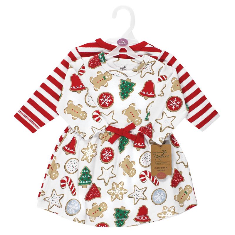 Touched by Nature Infant and Toddler Girl Organic Cotton Long-Sleeve Dresses, Christmas Cookies, 2 of 5