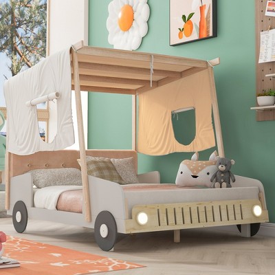 Wooden Full Size Car Bed With Pillows, Ceiling Cloth And Led, Natural ...