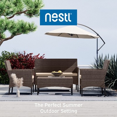 4-Piece Brown Wicker Outdoor Seating Set with Beige Cushions