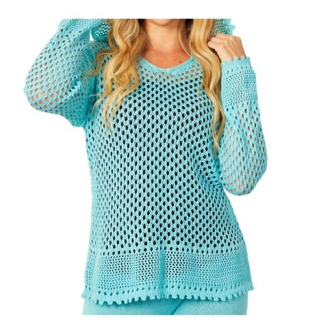 Women's V-Neck Crochet Hoodie - french kyss - image 1 of 2