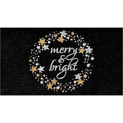 HomeRoots 17" X 29" Black Gold And White Christmas Merry and Bright Outdoor Coir Door Mat