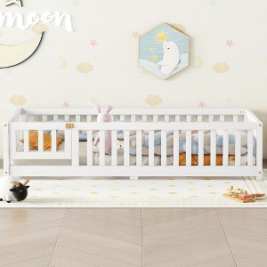 CAVINAS Twin Size Wood Montessori Bed,Modern Floor Bed with Safety Guardrails and Door,Toddler Bed for Bedroom - 1 of 4