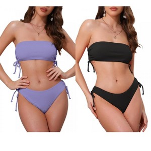 INSPIRE CHIC Women's Bandeau Drawstring Side Tie Ribbed Strapless Top Triangle Bottom Swimwear Bathing Bikini Suits 2 Sets - 1 of 4