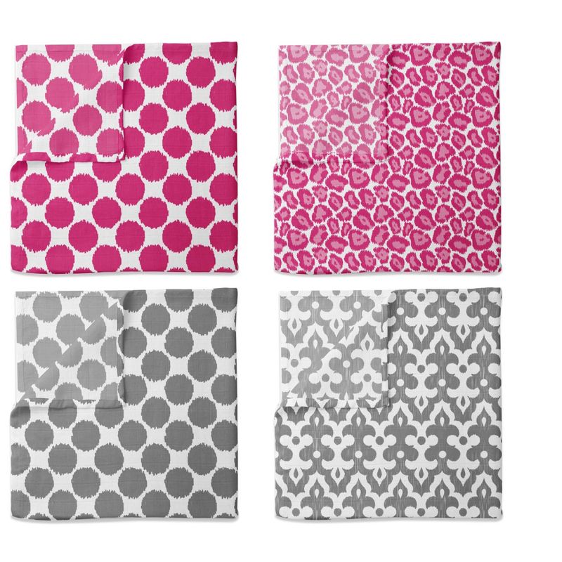 Bacati - Ikat Dots Leopard  Pink Grey Girls 10 pc Crib Set with 2 Crib Fitted Sheets 4 Muslin Swaddling Blankets, 4 of 11