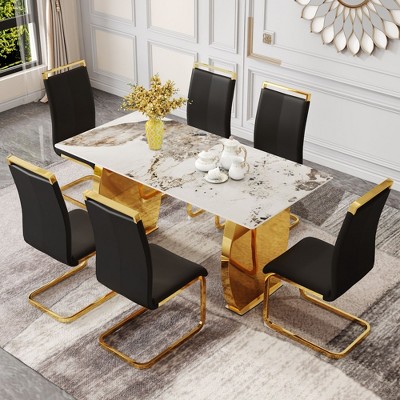 NicBex 5 PCS/7 PCS Dining Table Set with Rock Plate Tabletop and 4/6 PU Chairs for Kitchen/Apartment