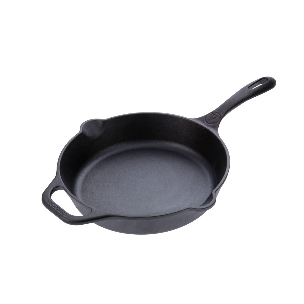 Victoria Seasoned 10 Cast Iron Skillet with Long Handle and Helper Handle