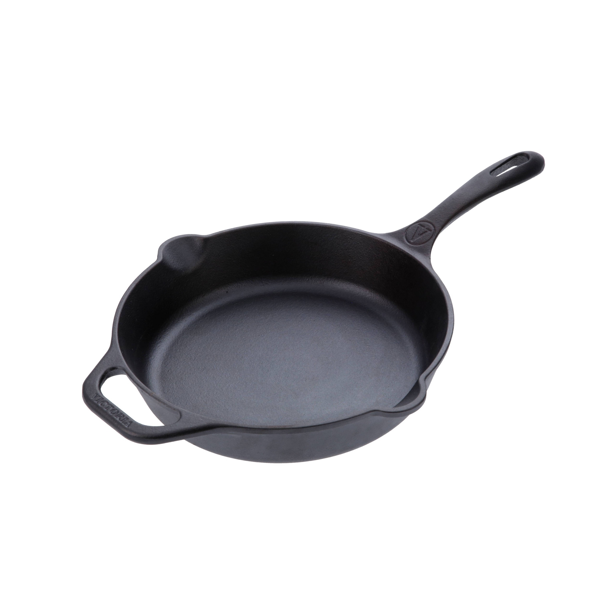 Victoria Seasoned 10" Cast Iron Skillet with Long Handle & Helper Handle: Preseasoned, Oven-Safe, Even-Heating, Black