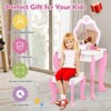 Infans Kid Vanity Set Wooden Makeup Table Stool w/ Mirror Flower Print Pink & White - 4 of 4