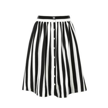 Allegra K Women's Stripes Button Front Elastic Back A-Line Midi Skirt